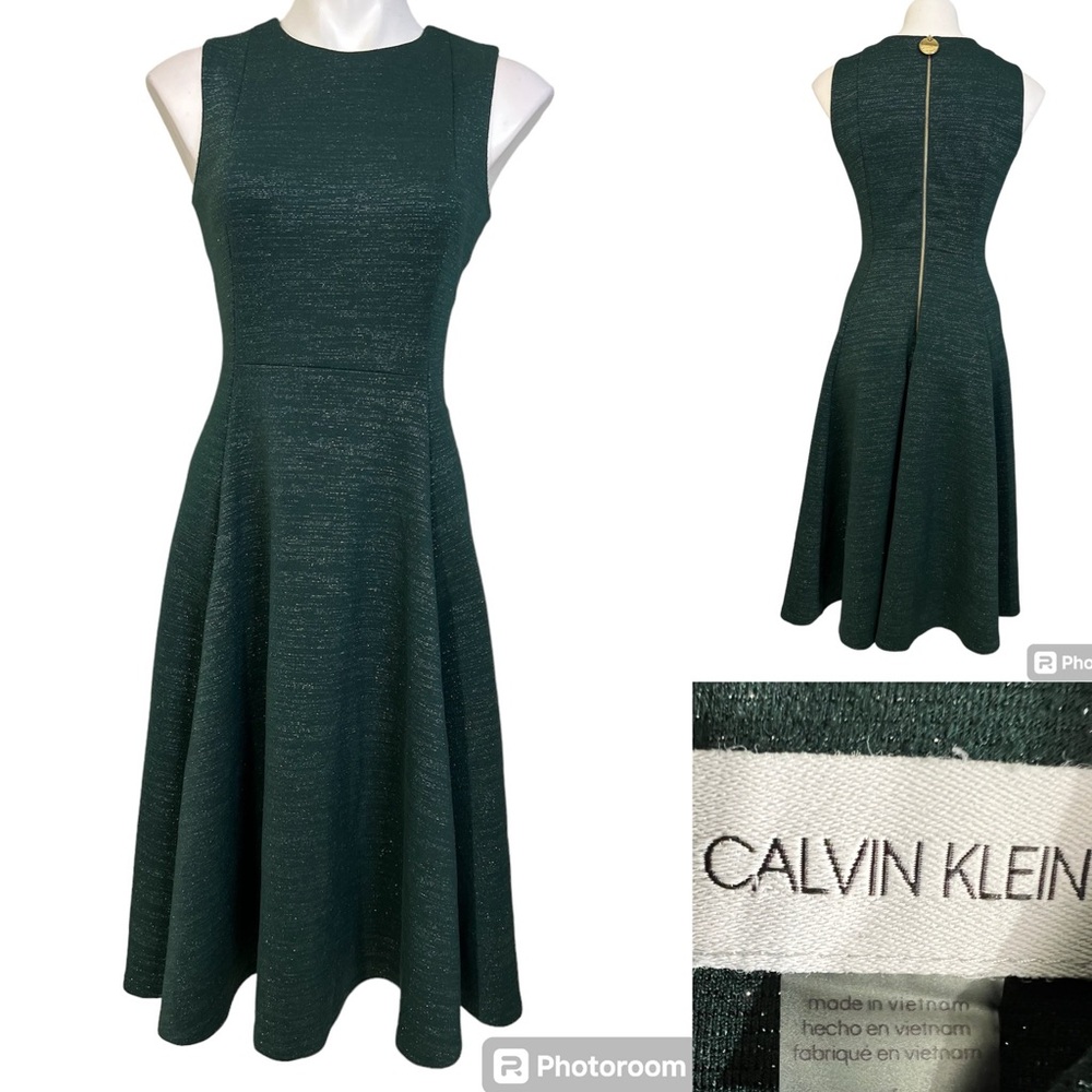 Calvin Klein Dark Green Midi Fit-and-Flare Dress